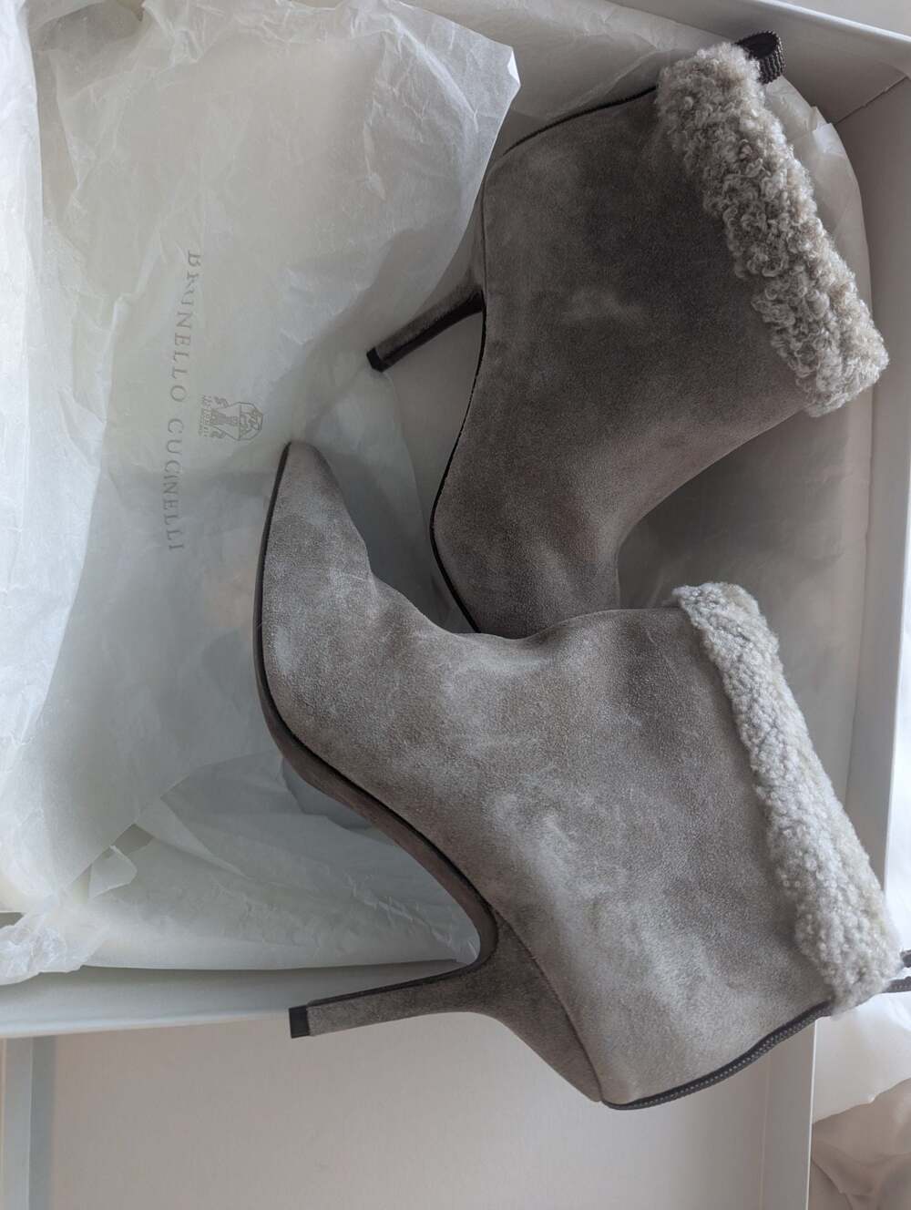Brunello Cucinelli Suede Shearling Trim Monili Ankle Stilettos